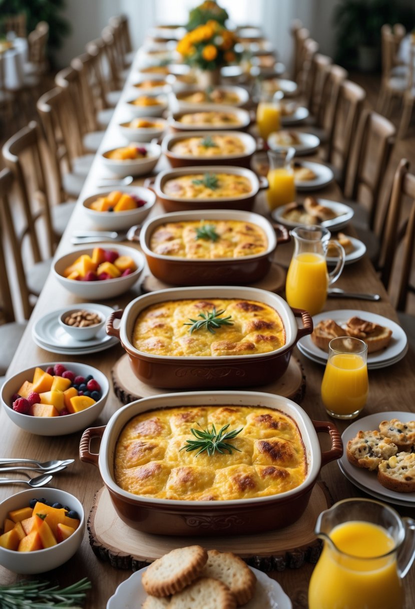 A buffet table with breakfast casseroles, fresh fruit, pastries, and drinks set up for a wedding rehearsal dinner.
