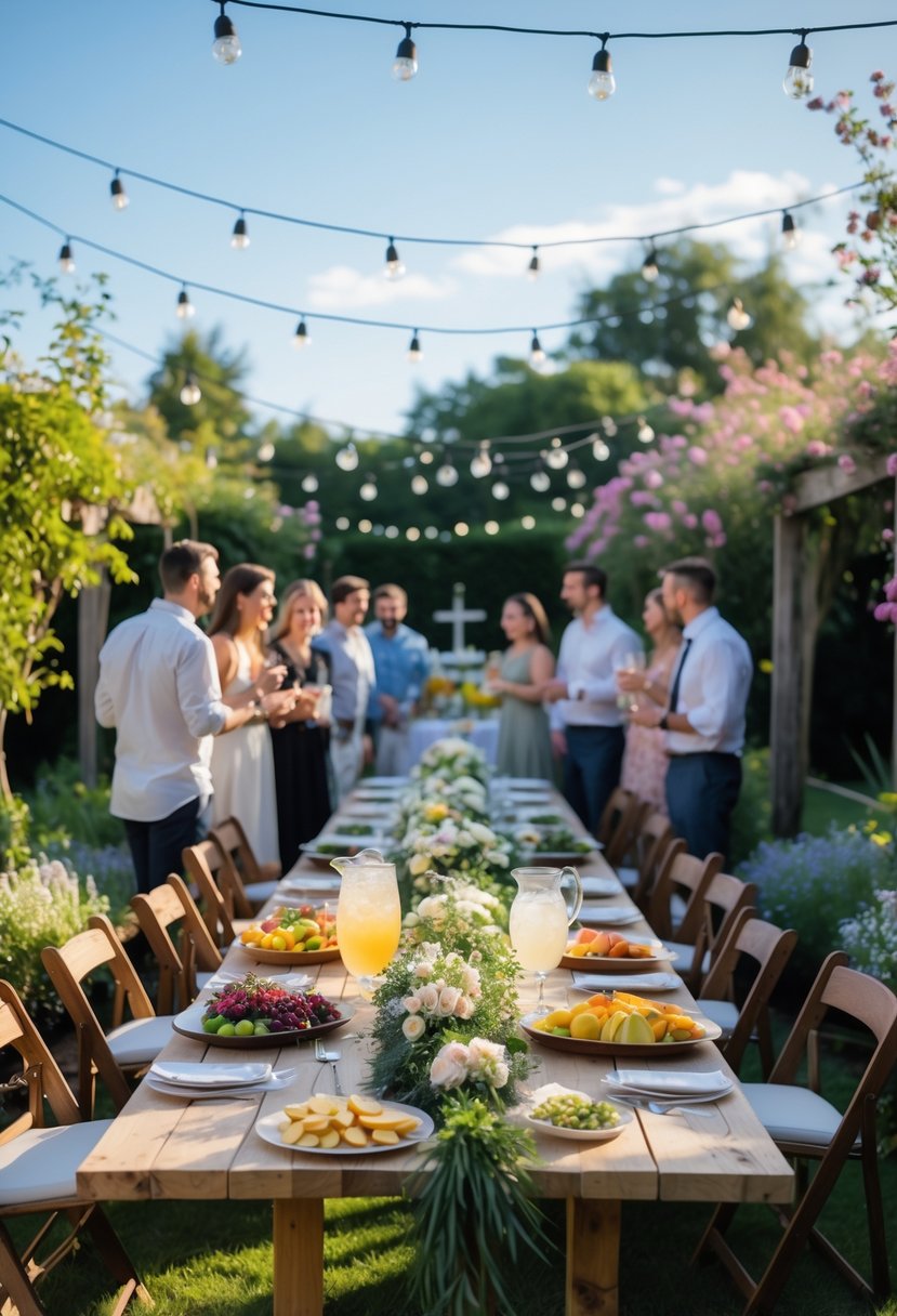 An outdoor garden party with a decorated table of light refreshments and guests enjoying the gathering surrounded by greenery and flowers.