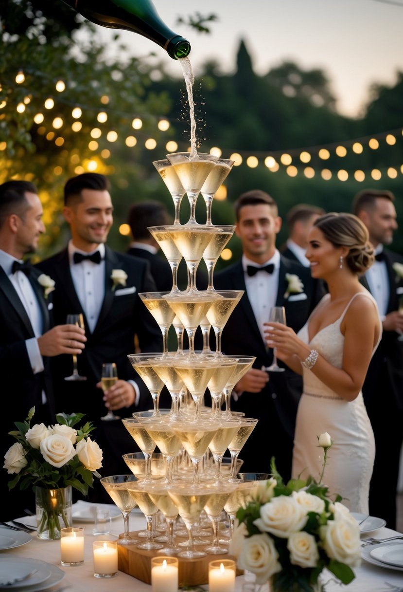 Guests in formal attire enjoying an elegant cocktail hour with champagne towers and softly lit outdoor decorations.