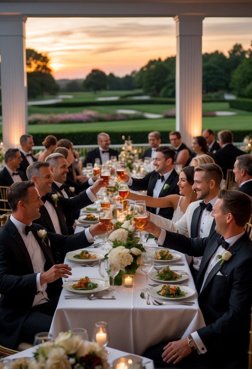 Guests in formal attire enjoying a dinner at a country club with decorated tables and garden views.