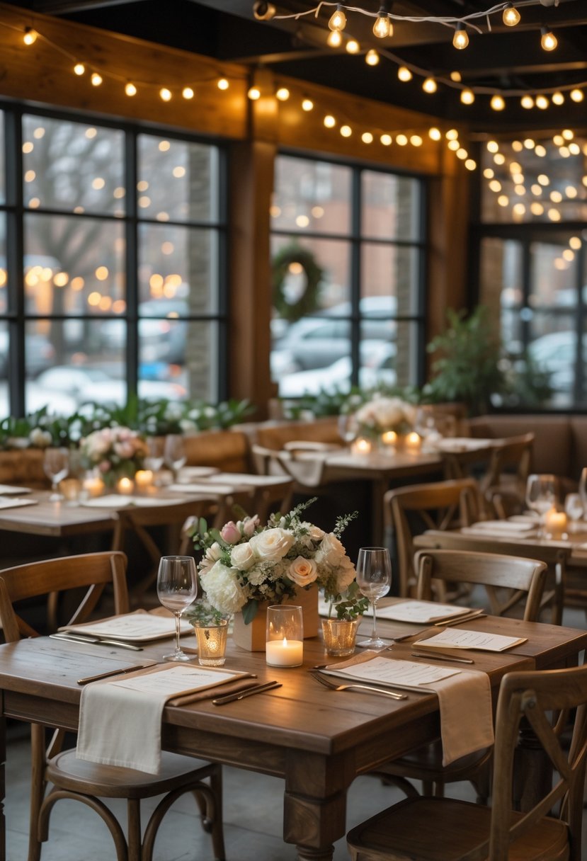 Cozy cafe interior with tables set for a wedding rehearsal dinner, featuring personalized menus, floral centerpieces, and soft lighting.