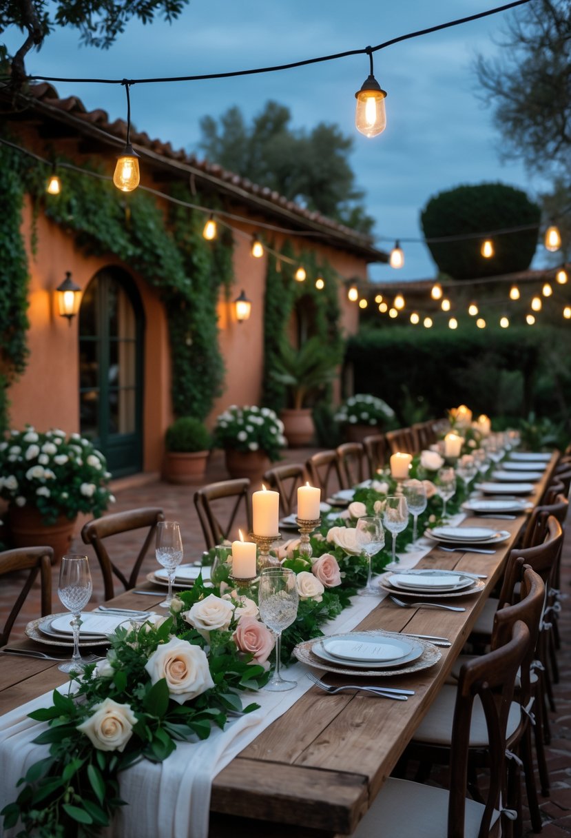 An outdoor dinner table set for a wedding rehearsal with candles, flowers, and string lights at an Italian villa.
