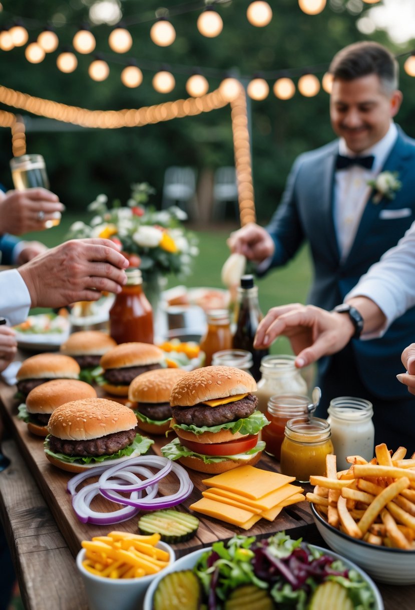 A build-your-own burger station with various fresh ingredients and guests assembling their burgers at an outdoor wedding rehearsal dinner.