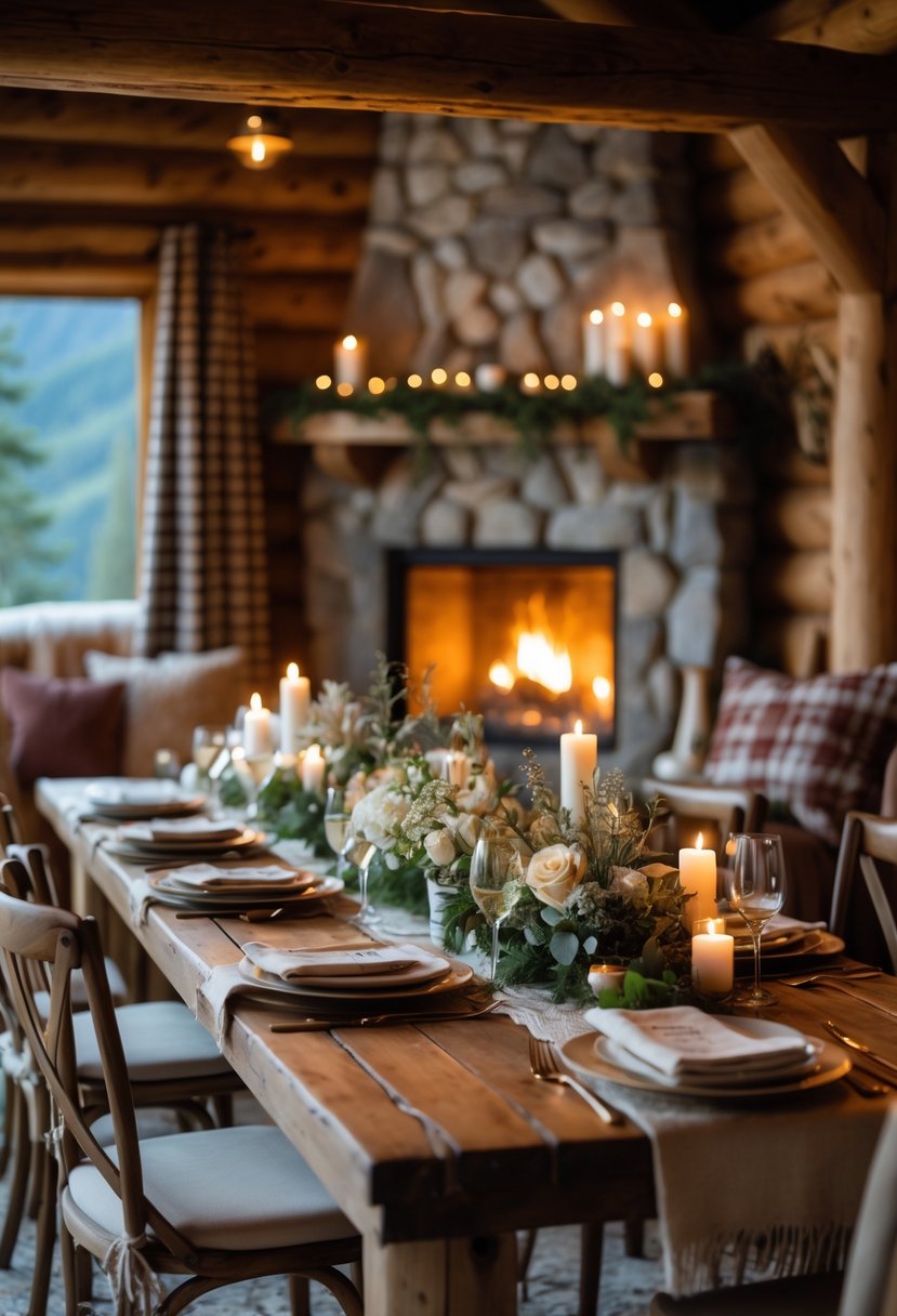 A cozy cabin dining room with a wooden table set for dinner and a glowing fireplace in the background.