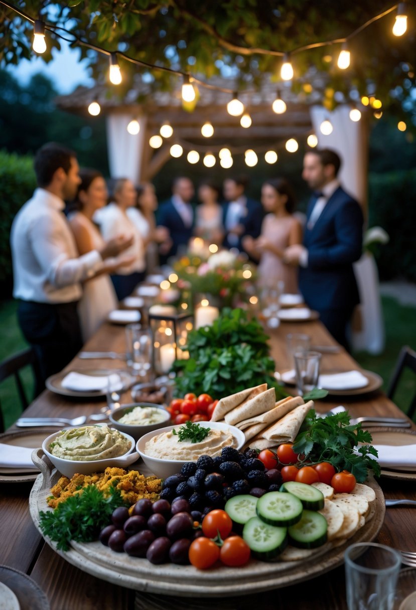 A Mediterranean mezze platter with various appetizers on a table at an outdoor wedding rehearsal dinner at night, with soft string lights and guests in the background.