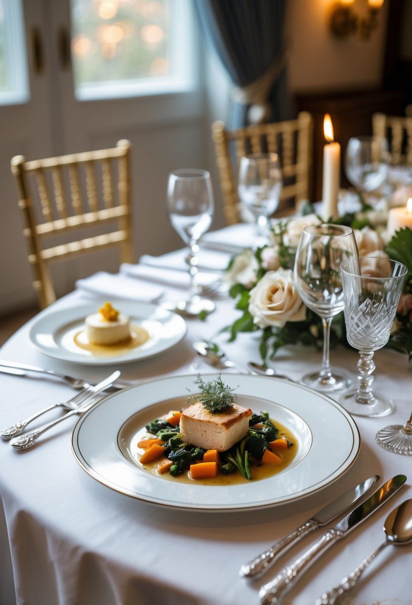 A formal plated dinner with three courses served on a decorated table set for a wedding rehearsal dinner.