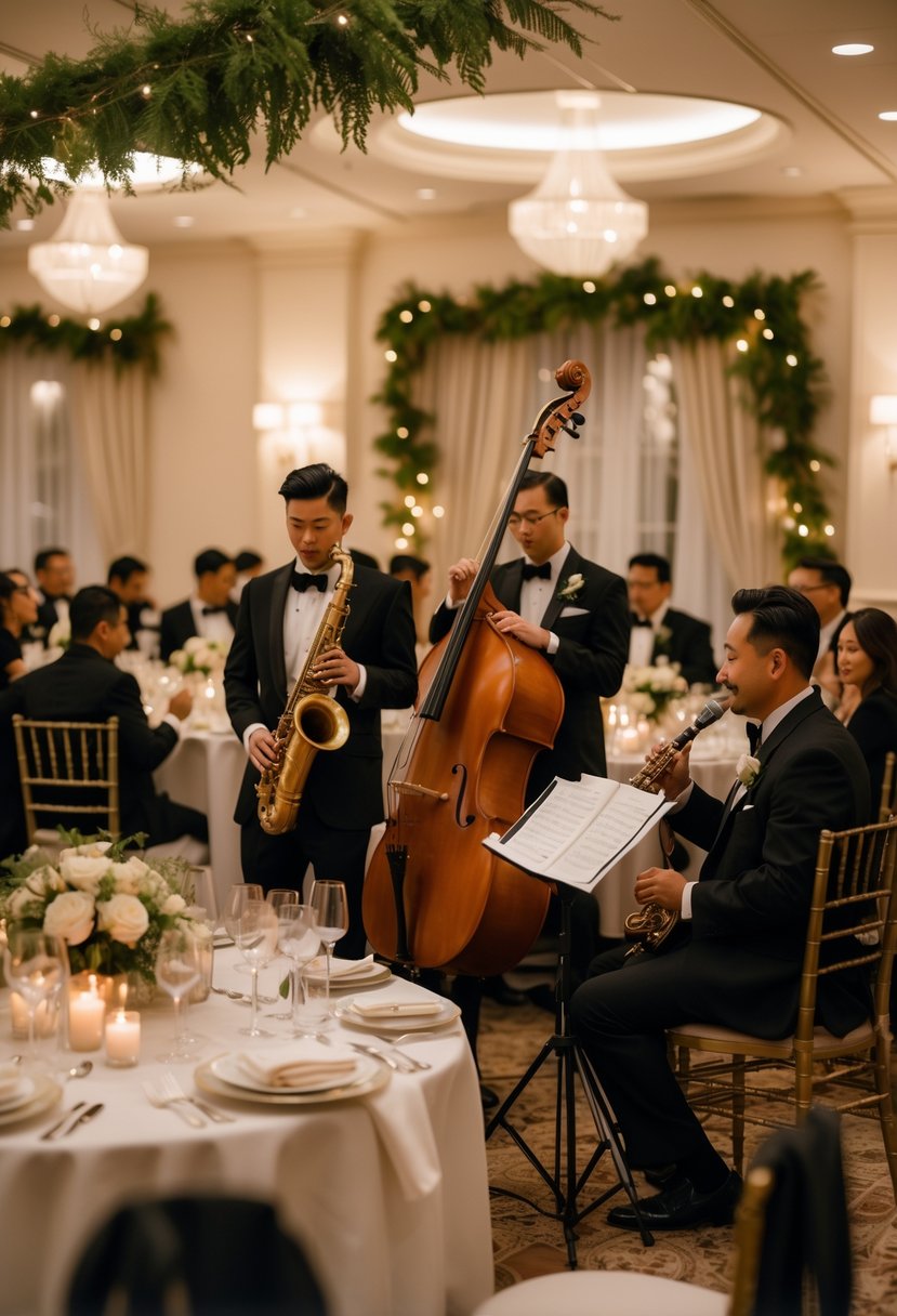 A jazz quartet performing live music at a wedding rehearsal dinner with guests seated at decorated tables.
