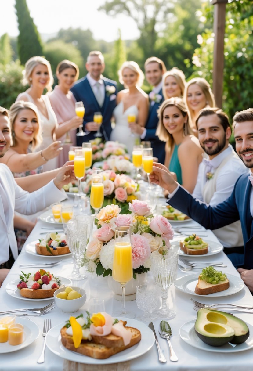 An outdoor brunch table set with mimosas, flowers, and brunch dishes, with a group of people smiling and toasting in the background.