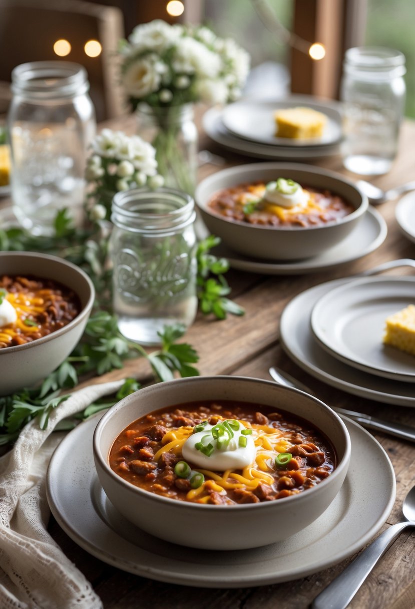 A dinner table set with bowls of chili and plates of cornbread, surrounded by simple table settings and soft lighting.