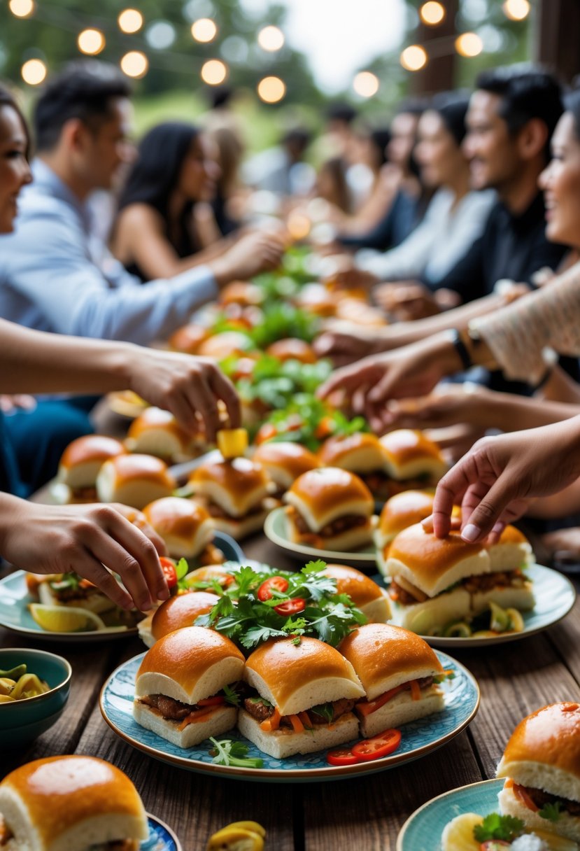 Guests enjoying sliders and bao buns at a casual outdoor wedding rehearsal dinner with a wooden table and festive decorations.