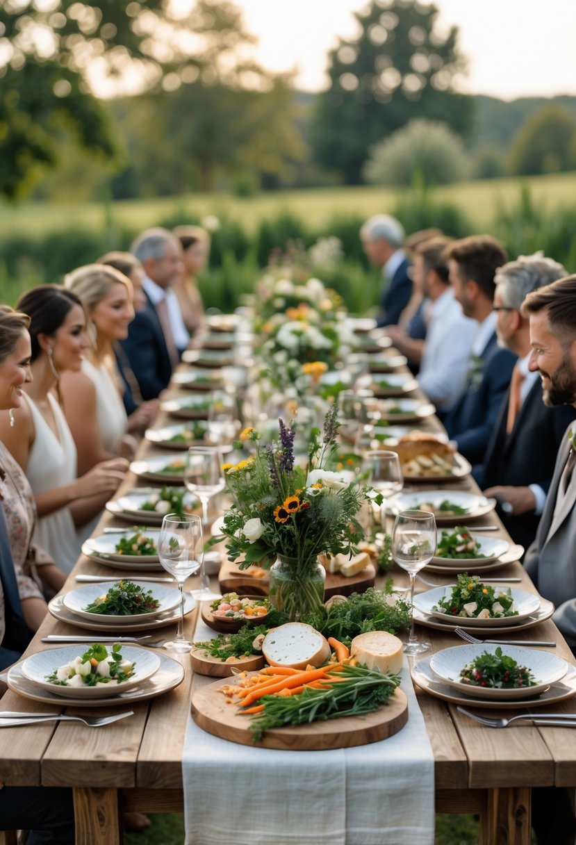 An outdoor dinner table set with fresh seasonal ingredients and guests enjoying a wedding rehearsal meal in a garden.
