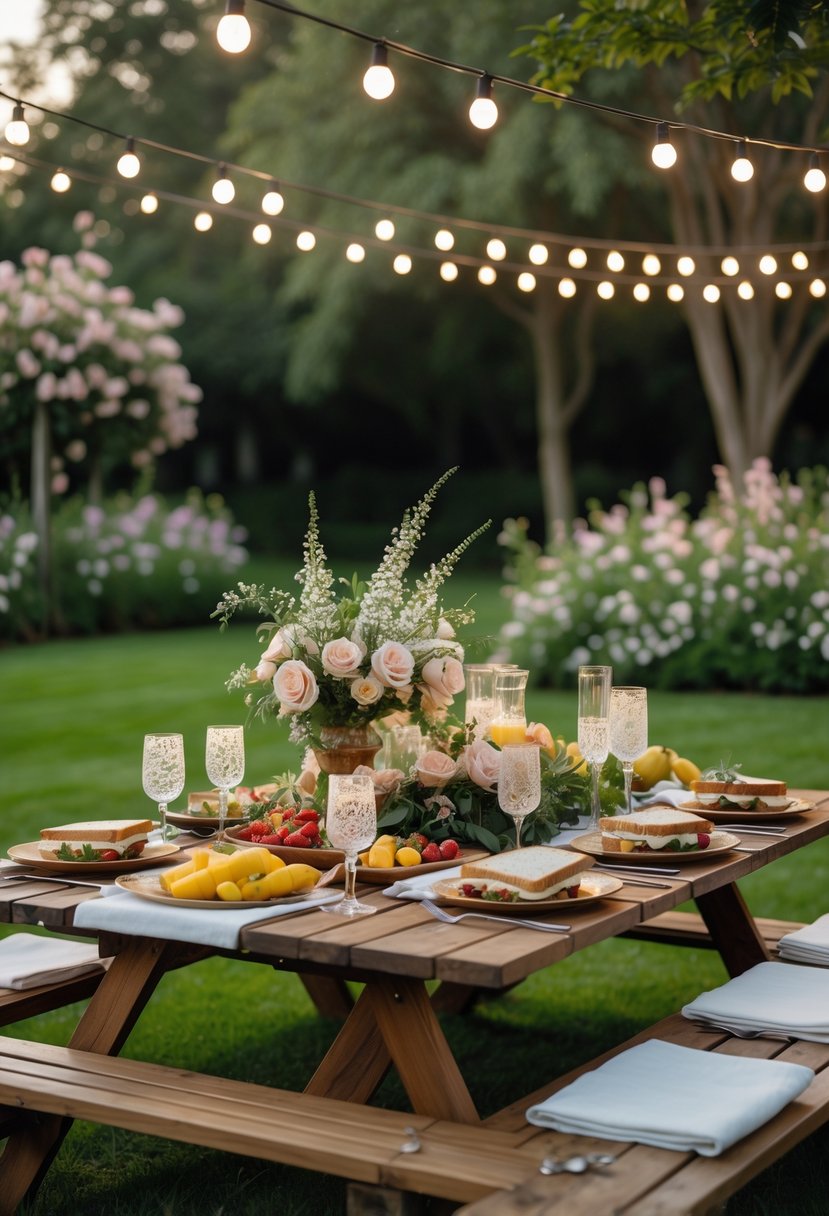 Outdoor picnic table with gourmet sandwiches, flowers, and drinks set in a garden for a wedding rehearsal dinner.