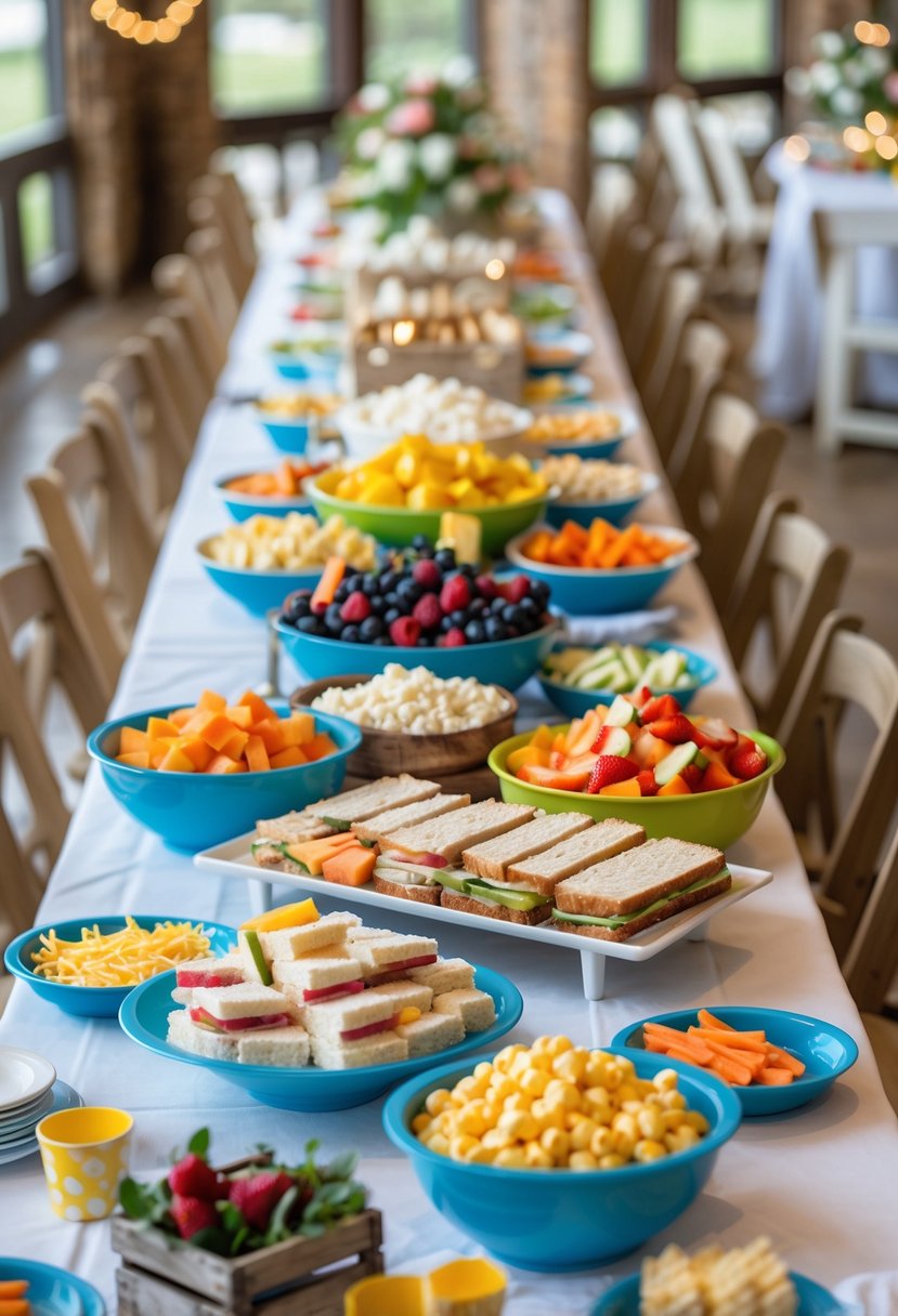 A table with kid-friendly snack stations featuring fruit, sandwiches, cheese, vegetables, popcorn, and cupcakes at a wedding rehearsal dinner.