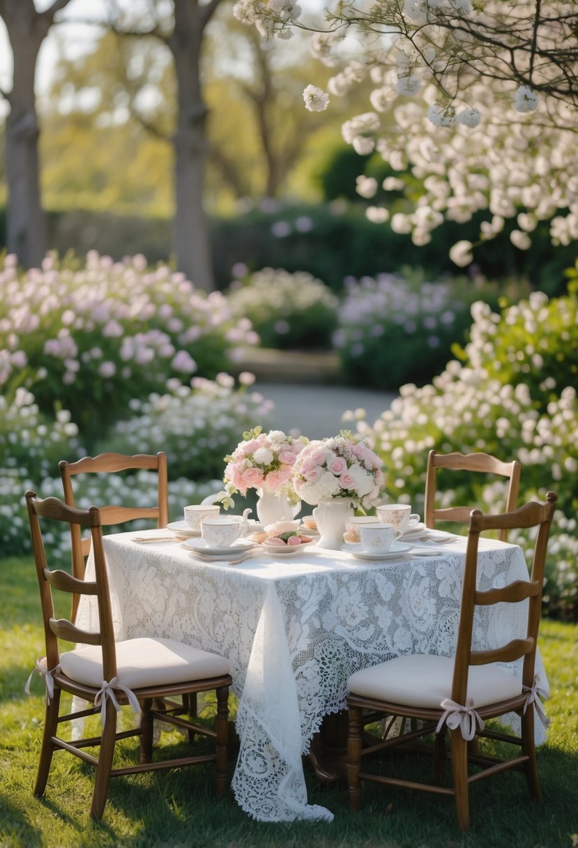 Outdoor garden tea party setup with finger sandwiches, floral centerpieces, teacups, and wooden chairs on a green lawn.