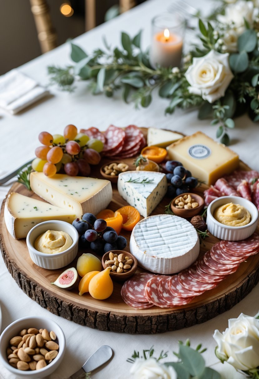 A wooden board with assorted cheeses, cured meats, fruits, and nuts arranged on a table set for a wedding rehearsal dinner.