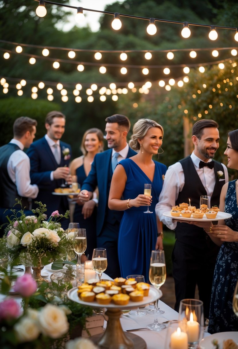 Guests enjoying a wedding rehearsal dinner outdoors with hors d’oeuvres and drinks in a garden setting.