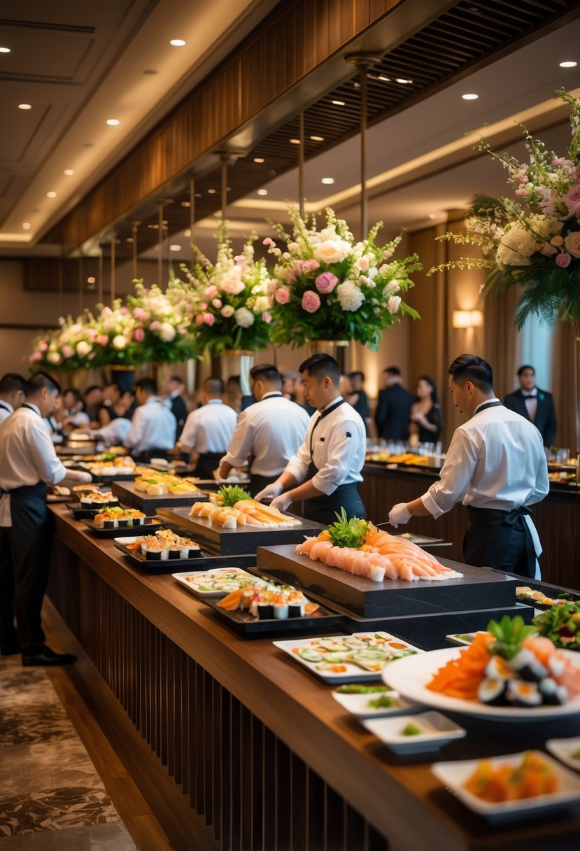 A sushi bar with chefs preparing sushi at multiple stations, surrounded by elegant table settings and guests in formal attire at a wedding rehearsal dinner.