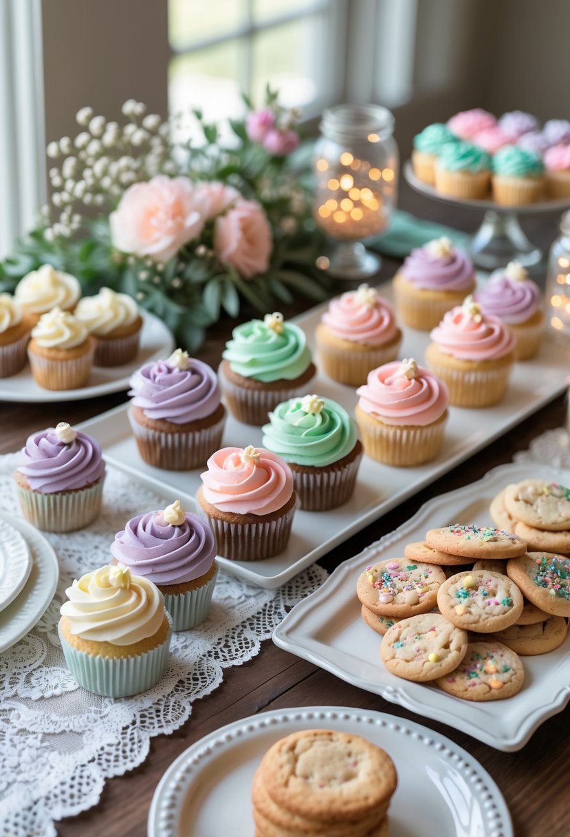 A table set with an assortment of decorated cupcakes and plates of cookies, surrounded by simple wedding-themed decorations.