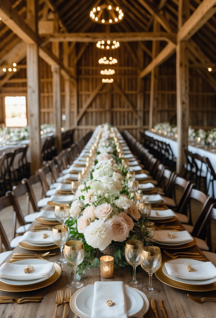 Interior of a rustic barn set up with white linens and gold accents for a wedding rehearsal dinner.