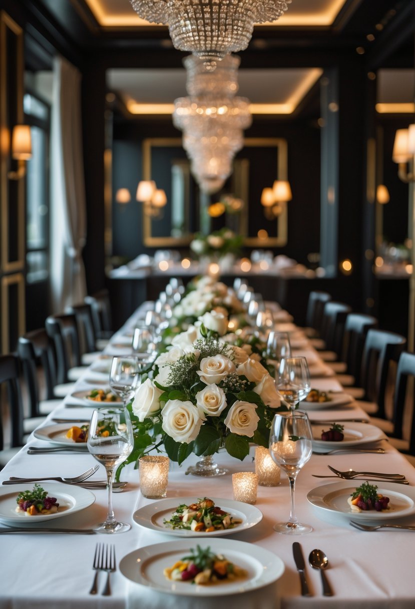 A beautifully set long dining table with white linens, floral centerpieces, crystal glasses, and gourmet dishes in an elegant restaurant interior.