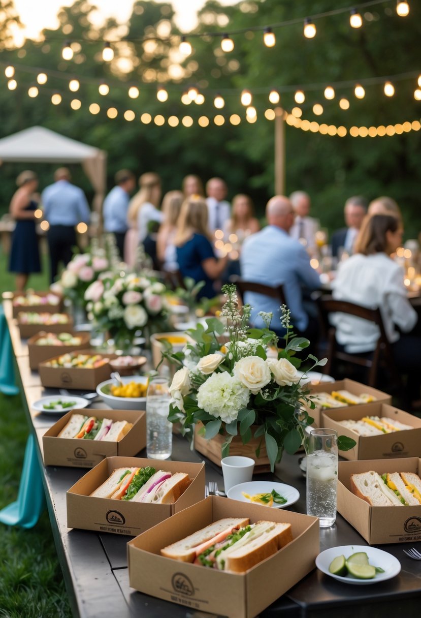 Outdoor rehearsal dinner table with boxed sandwich meals, side salads, drinks, and guests enjoying the meal under string lights.