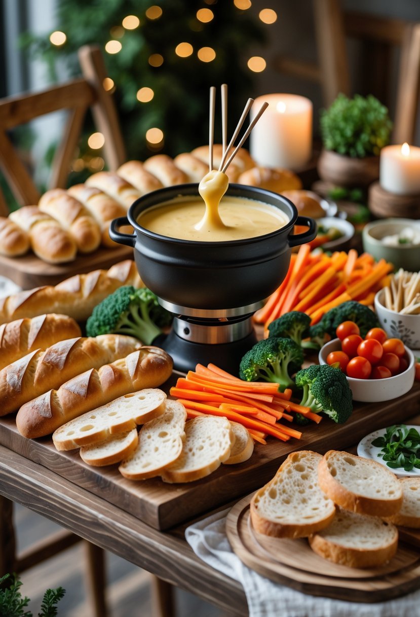 A fondue station with melted cheese, various breads, and fresh vegetables arranged on a wooden table.