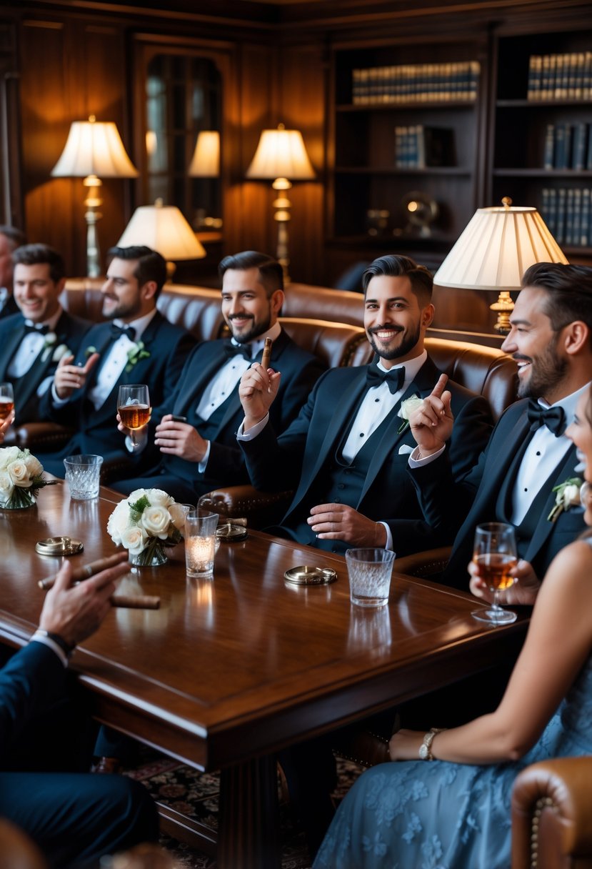 A group of people dressed formally sitting and enjoying cigars and drinks in a cozy, elegant lounge room.