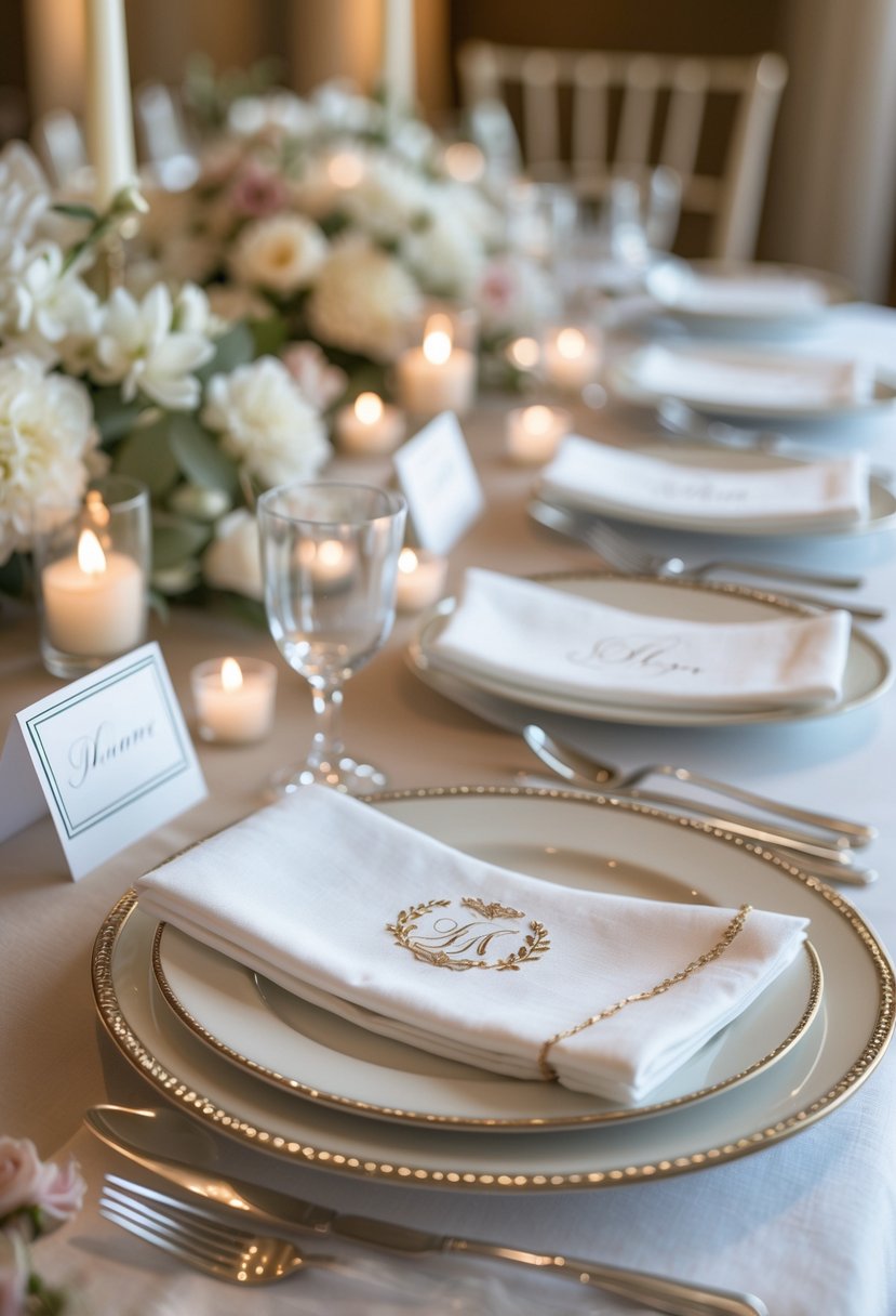 A wedding rehearsal dinner table set with monogrammed napkins and elegant place cards by each plate, surrounded by candles and floral decorations.
