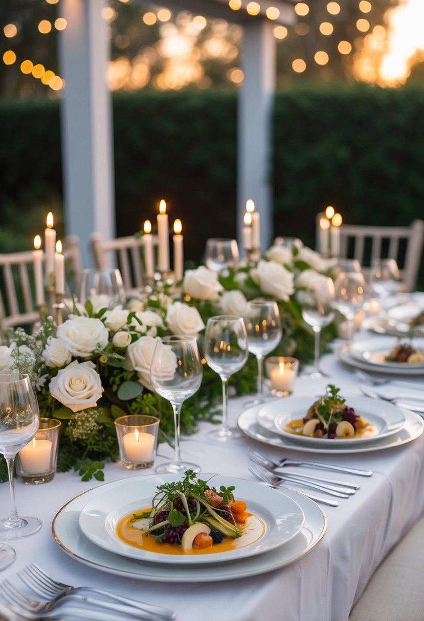An elegantly set outdoor table with fine china, wine glasses, floral centerpieces, and gourmet dishes arranged for a wedding rehearsal dinner.