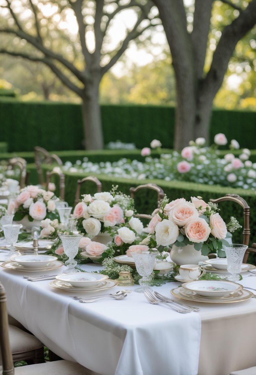 Outdoor garden table set with fine china, floral centerpieces, and elegant tableware for a tea party.