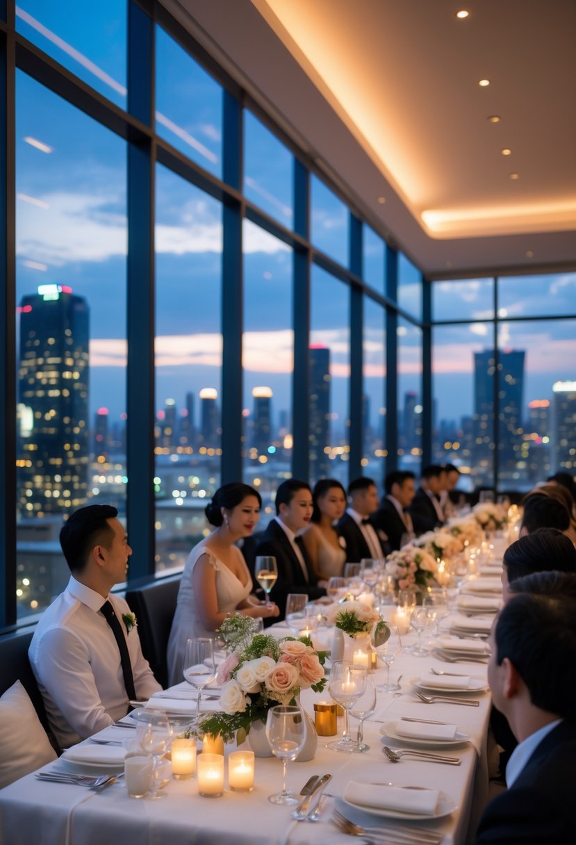 An elegant restaurant with large windows showing a city skyline, tables set for a wedding rehearsal dinner with floral centerpieces and guests seated.