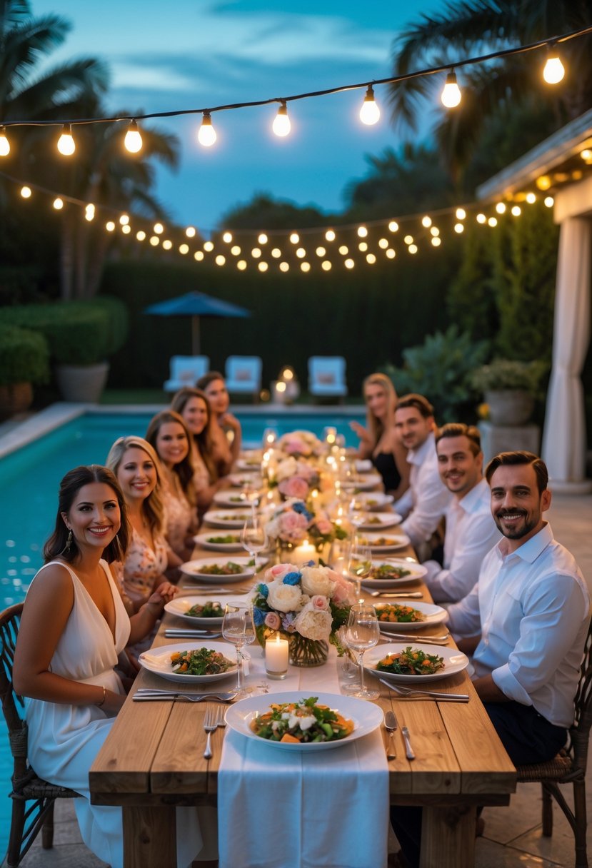 People enjoying a casual dinner party around a decorated table next to a swimming pool in the evening.