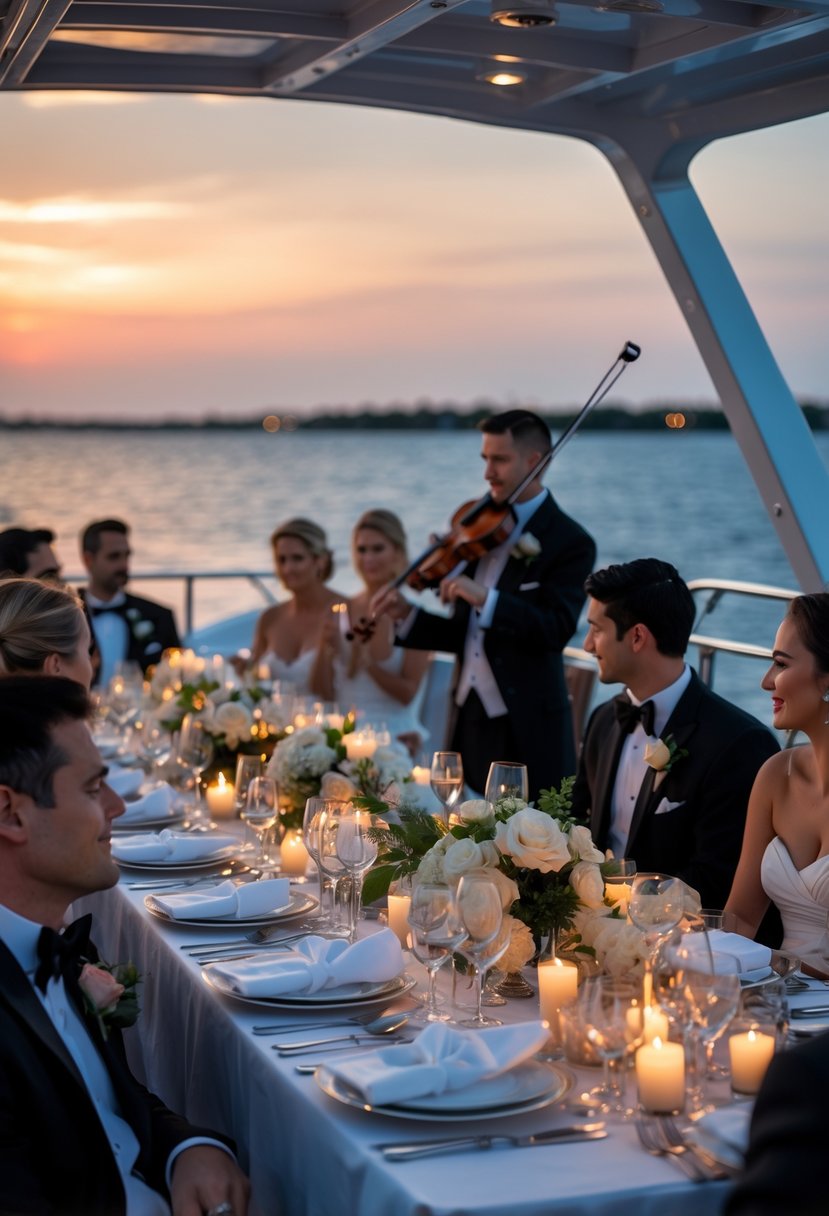 Guests seated at an elegantly set long table on a yacht deck with a violinist playing nearby during a dinner cruise.