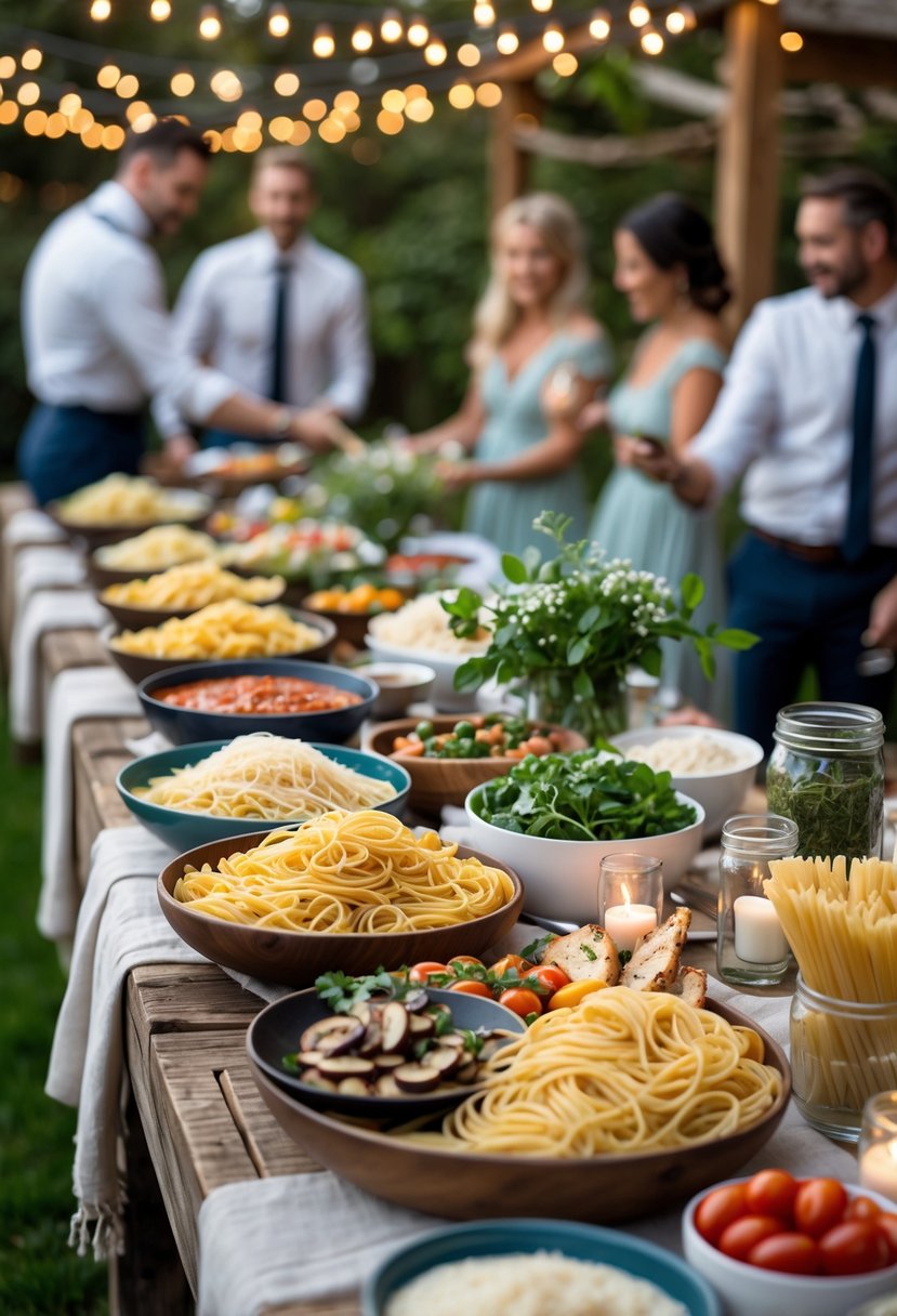 A pasta bar set up outdoors with various pastas, sauces, and toppings on a decorated table, with guests serving themselves in the background.