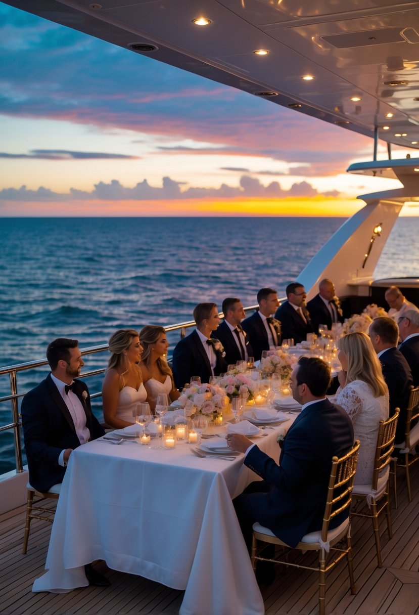 Guests enjoying an elegant dinner on a luxury yacht at sunset with a calm ocean in the background.