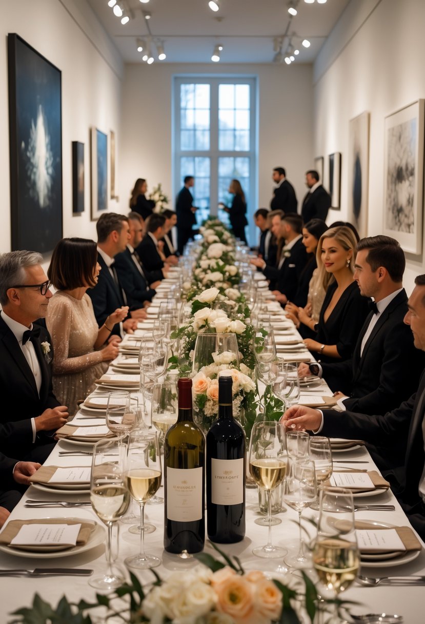 A group of people seated at a long dining table in an art gallery, enjoying a formal dinner with wine and floral decorations.