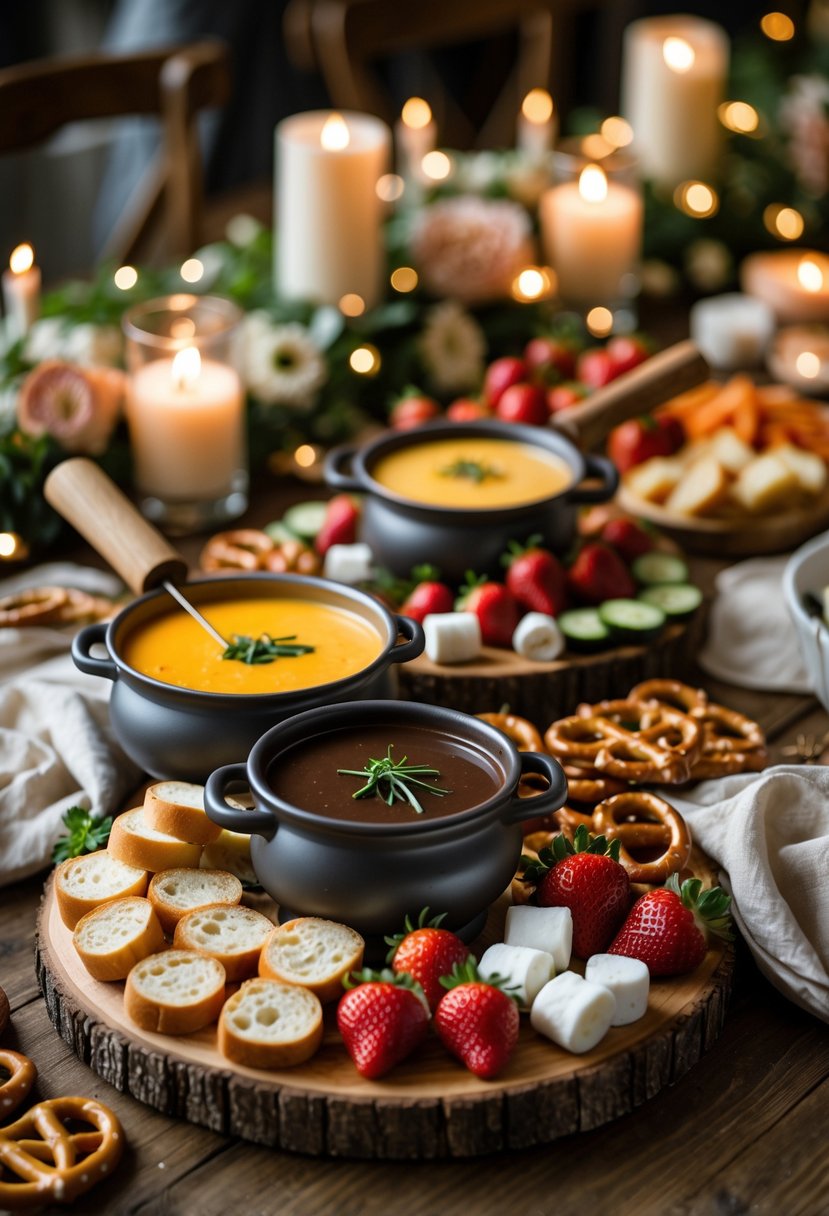 A table set for a fondue night with cheese and chocolate fondue pots surrounded by bread, vegetables, strawberries, and marshmallows, with soft candlelight and floral decorations in the background.