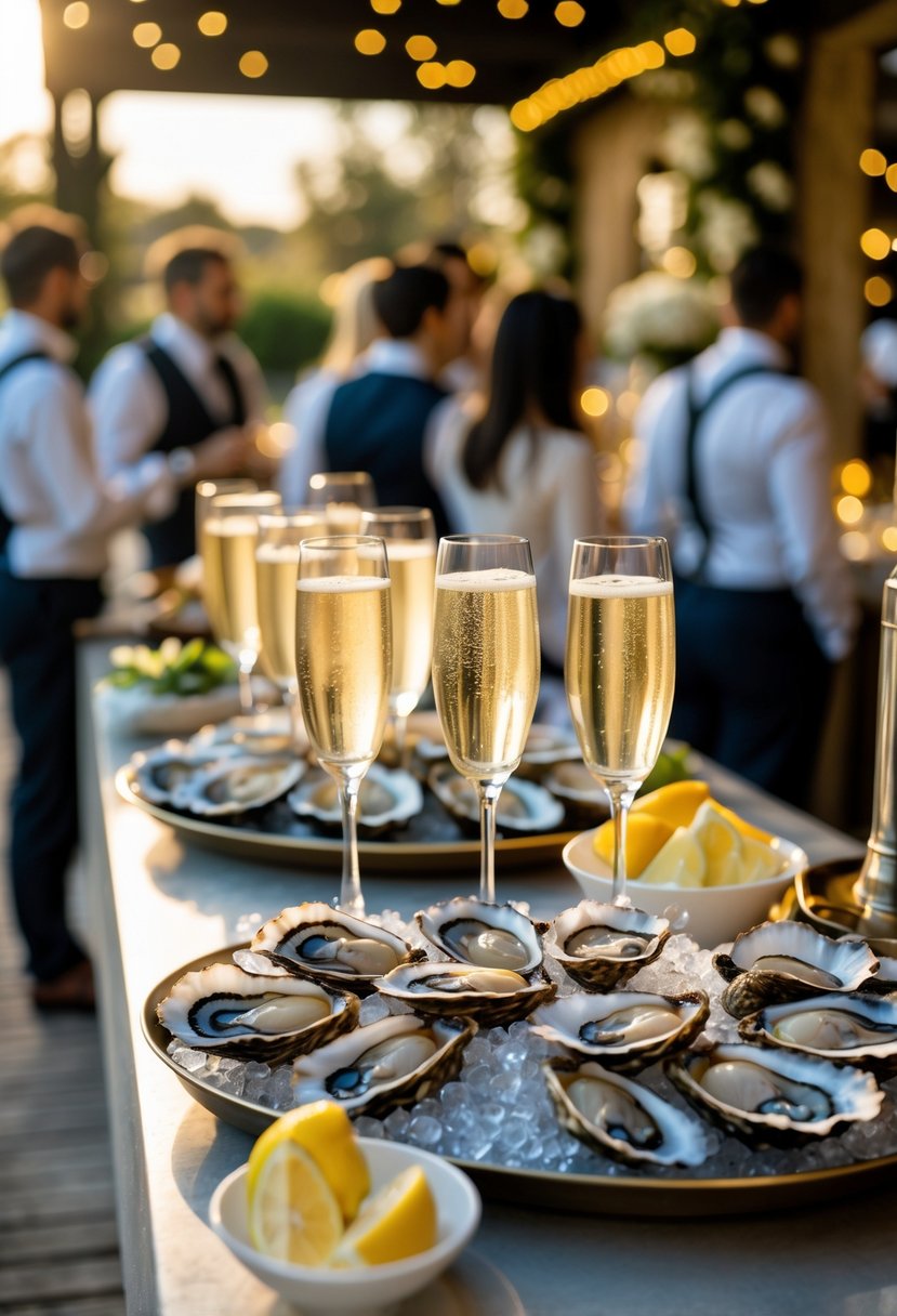 A wedding rehearsal dinner reception with a champagne and oyster bar, featuring fresh oysters on ice and glasses of champagne, with guests socializing nearby.