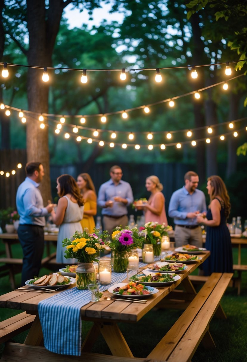 People enjoying a casual backyard BBQ dinner with fairy lights overhead and a decorated picnic table.