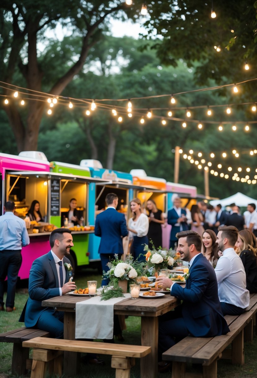 People enjoying a casual outdoor wedding rehearsal dinner around food trucks with tables and string lights in a park setting.