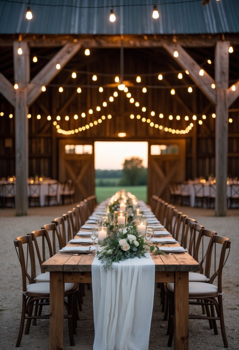 A long wooden table set for a dinner inside a rustic barn with string lights hanging overhead and floral centerpieces on the table.