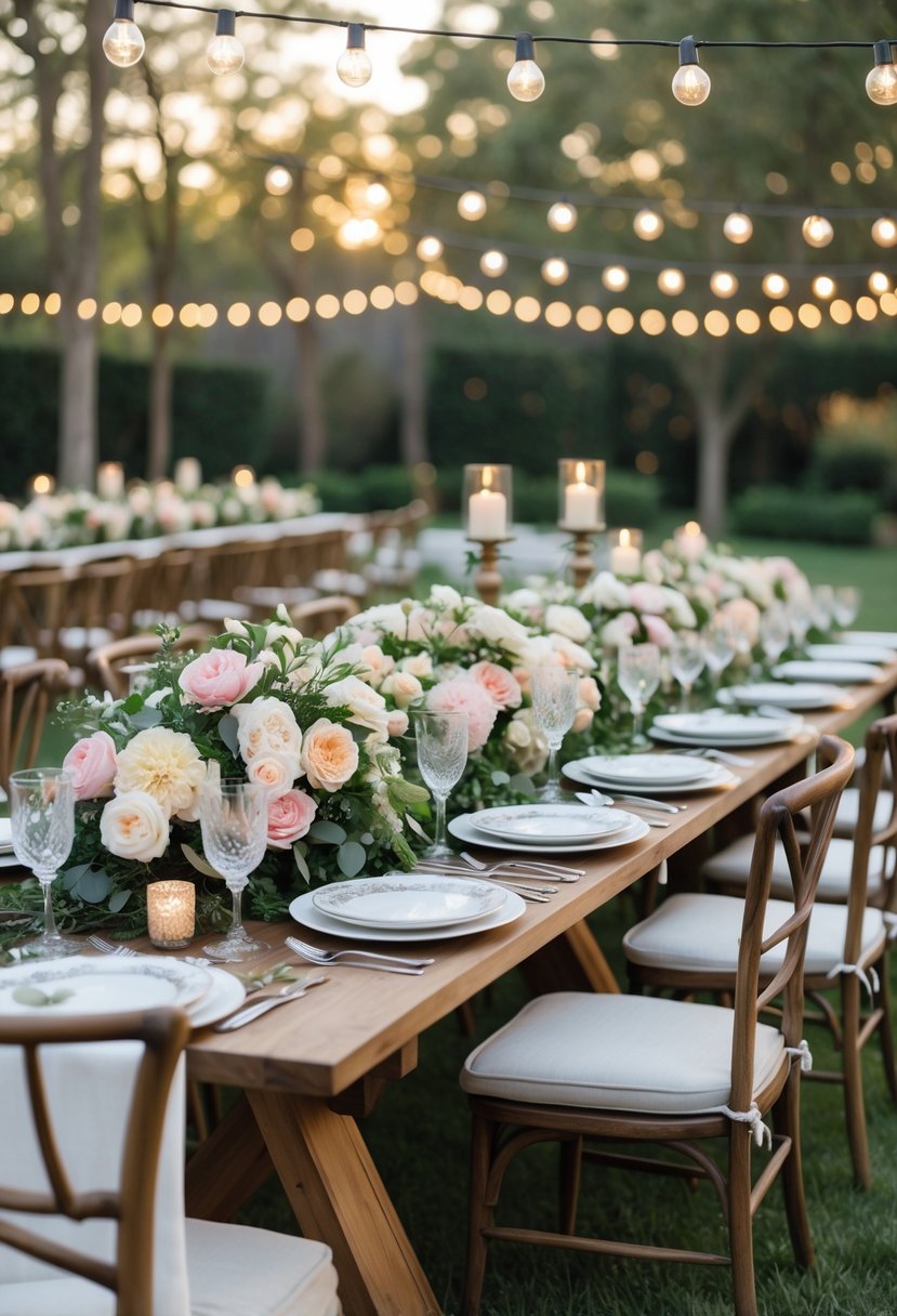 An outdoor garden party setup with a long table decorated with floral centerpieces, tableware, and chairs on a lawn under string lights.