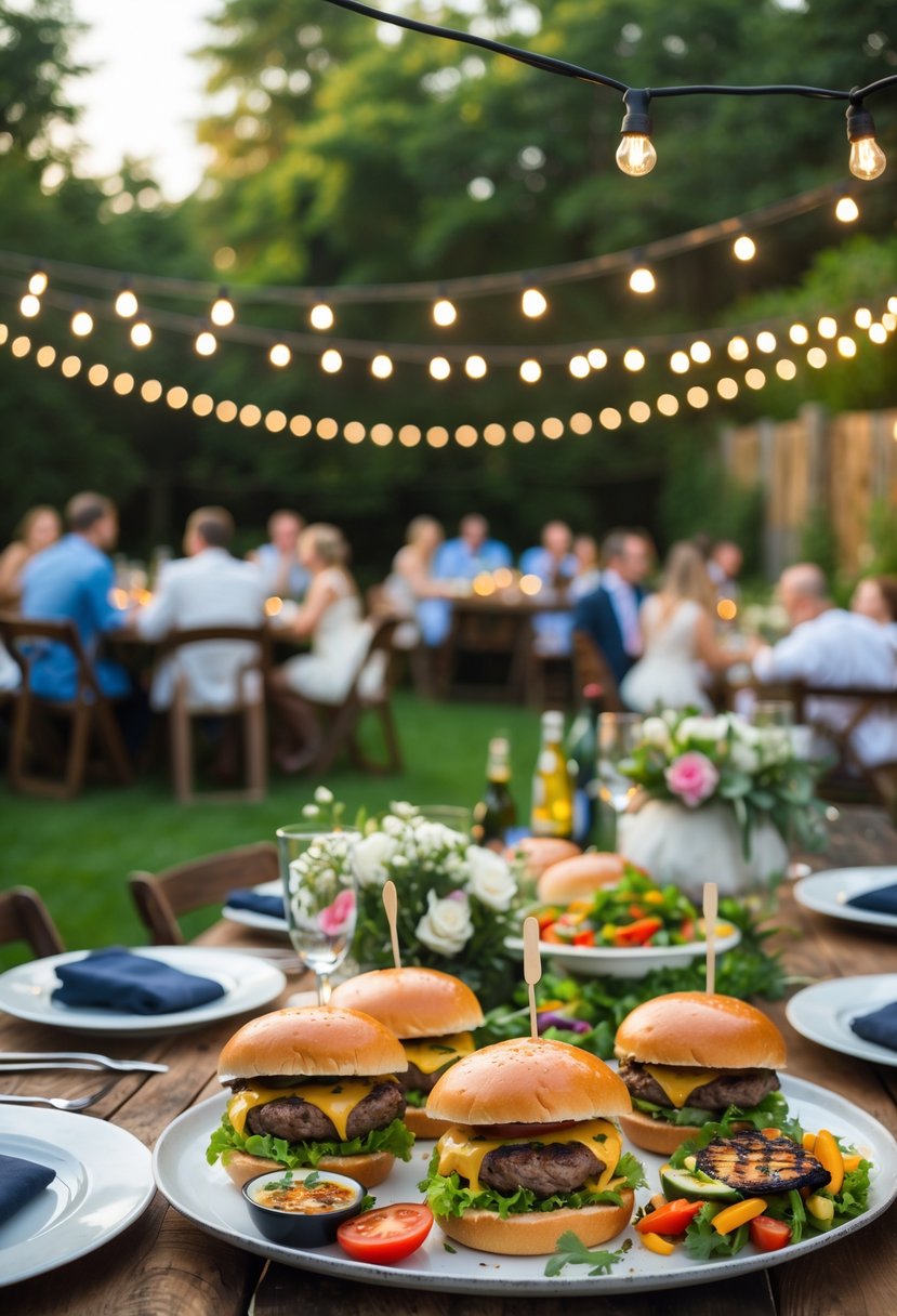 People enjoying a backyard gathering with gourmet burgers and outdoor dining tables decorated for a wedding rehearsal dinner.