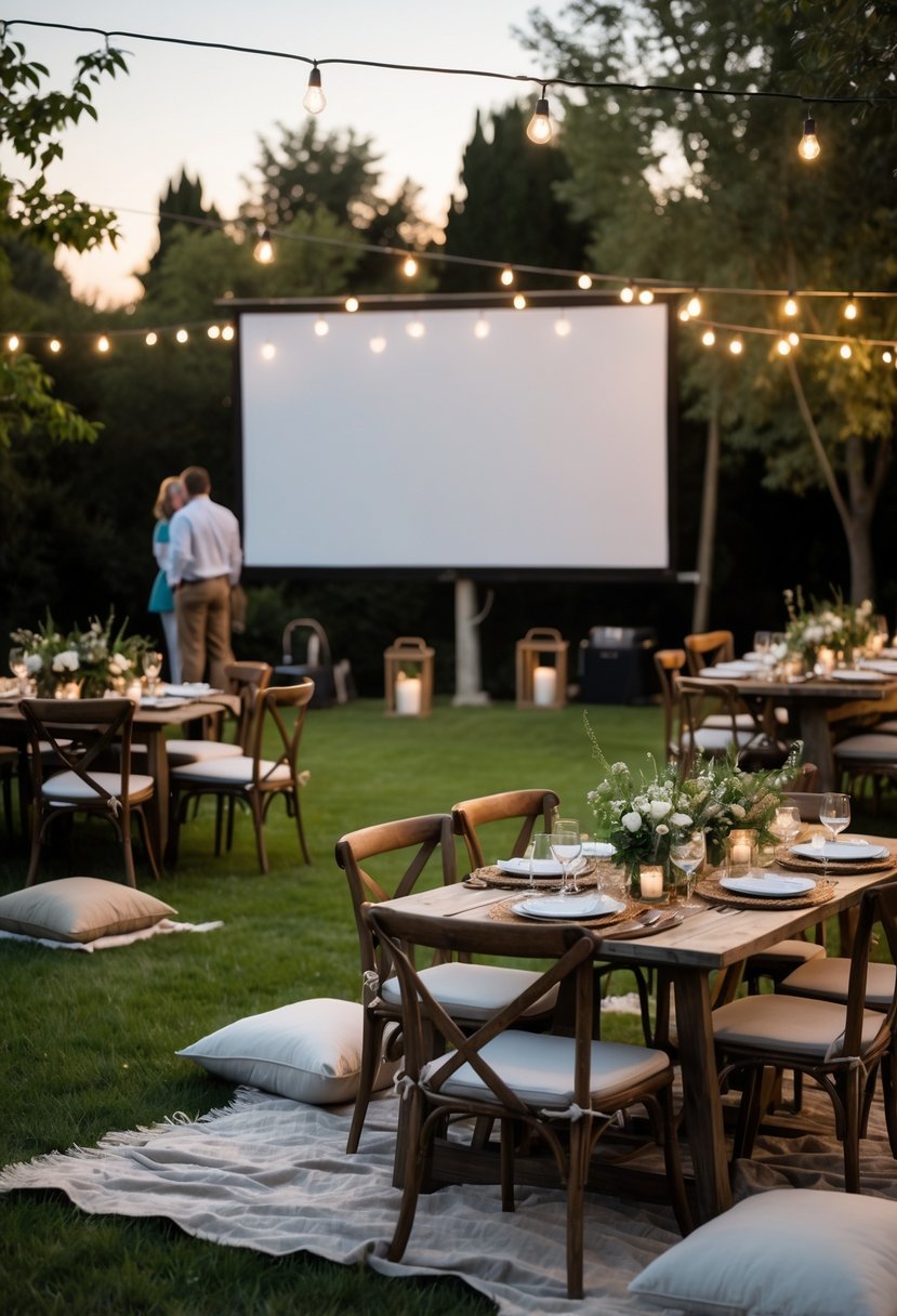 An outdoor garden setup with a projector screen, tables set for dinner, string lights overhead, and guests enjoying a casual wedding rehearsal dinner.