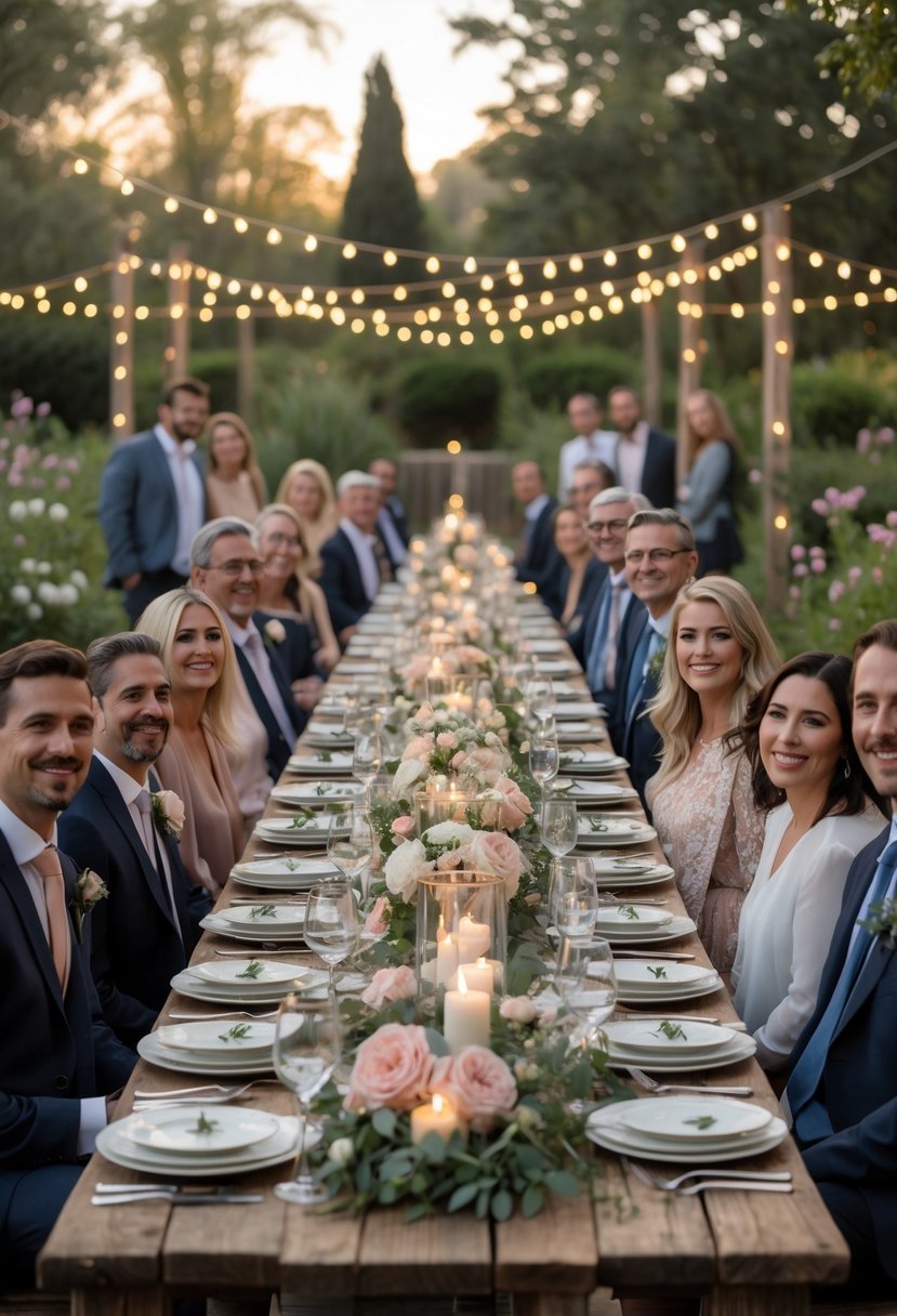 Guests enjoying a romantic outdoor wedding rehearsal dinner around a long table decorated with flowers and candles in a garden setting.
