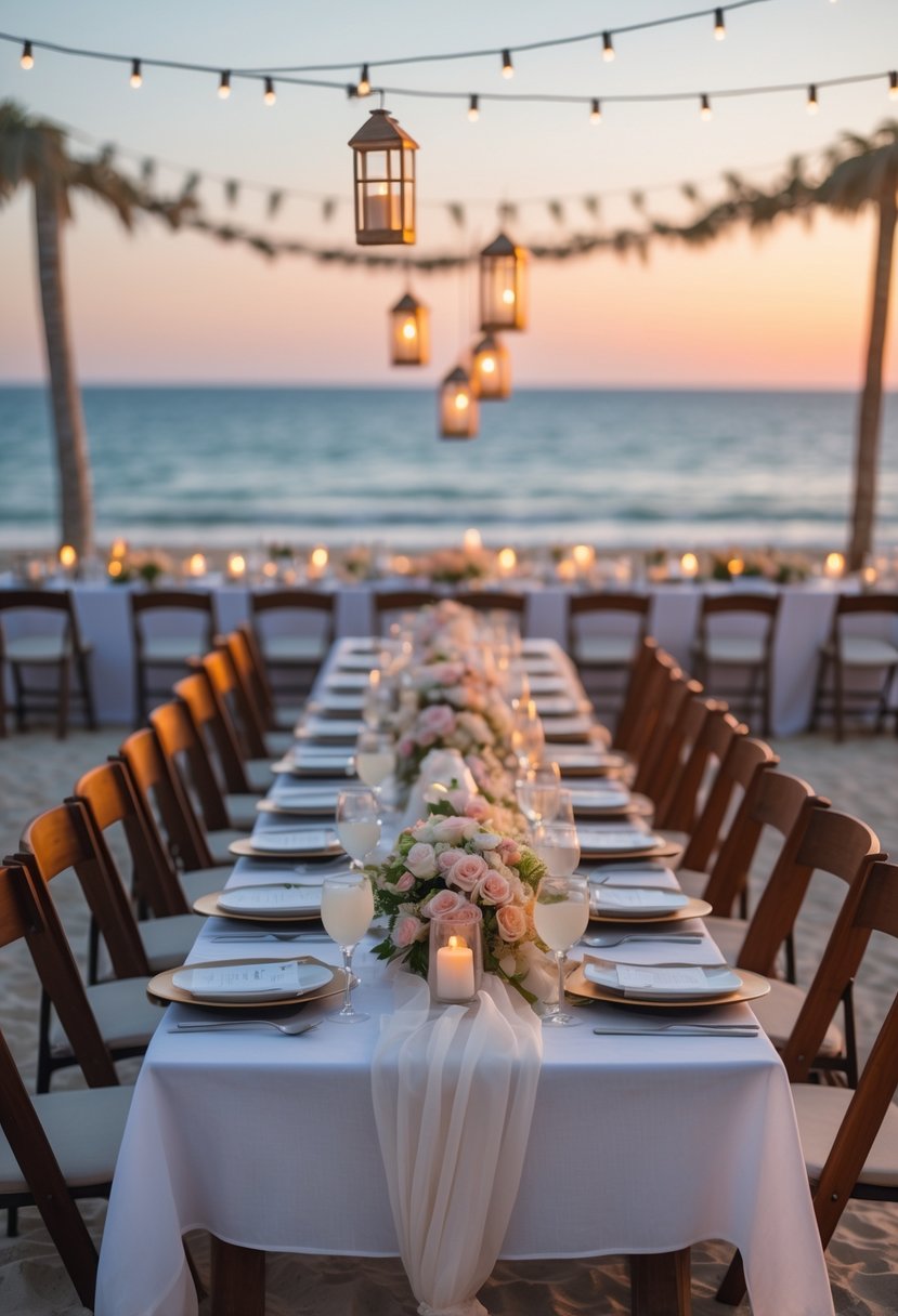 A beautifully set dinner table on a beach with lanterns and flowers, overlooking the ocean at sunset.