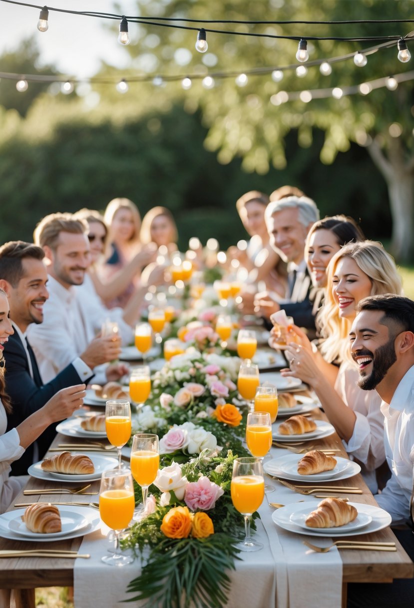 A group of people enjoying a casual outdoor brunch with mimosas around a decorated table.