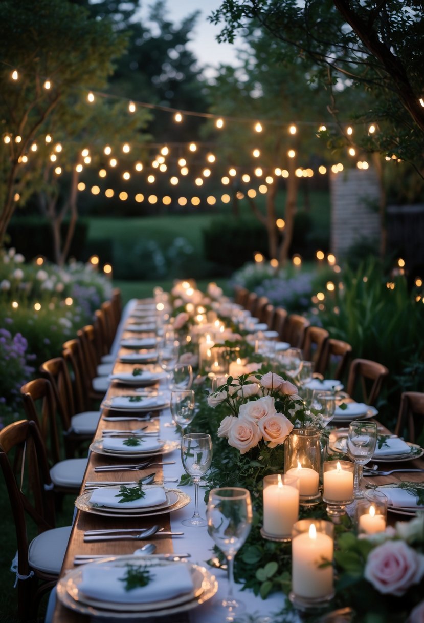 An outdoor garden dinner table set with candles and fairy lights creating a warm, romantic atmosphere at twilight.