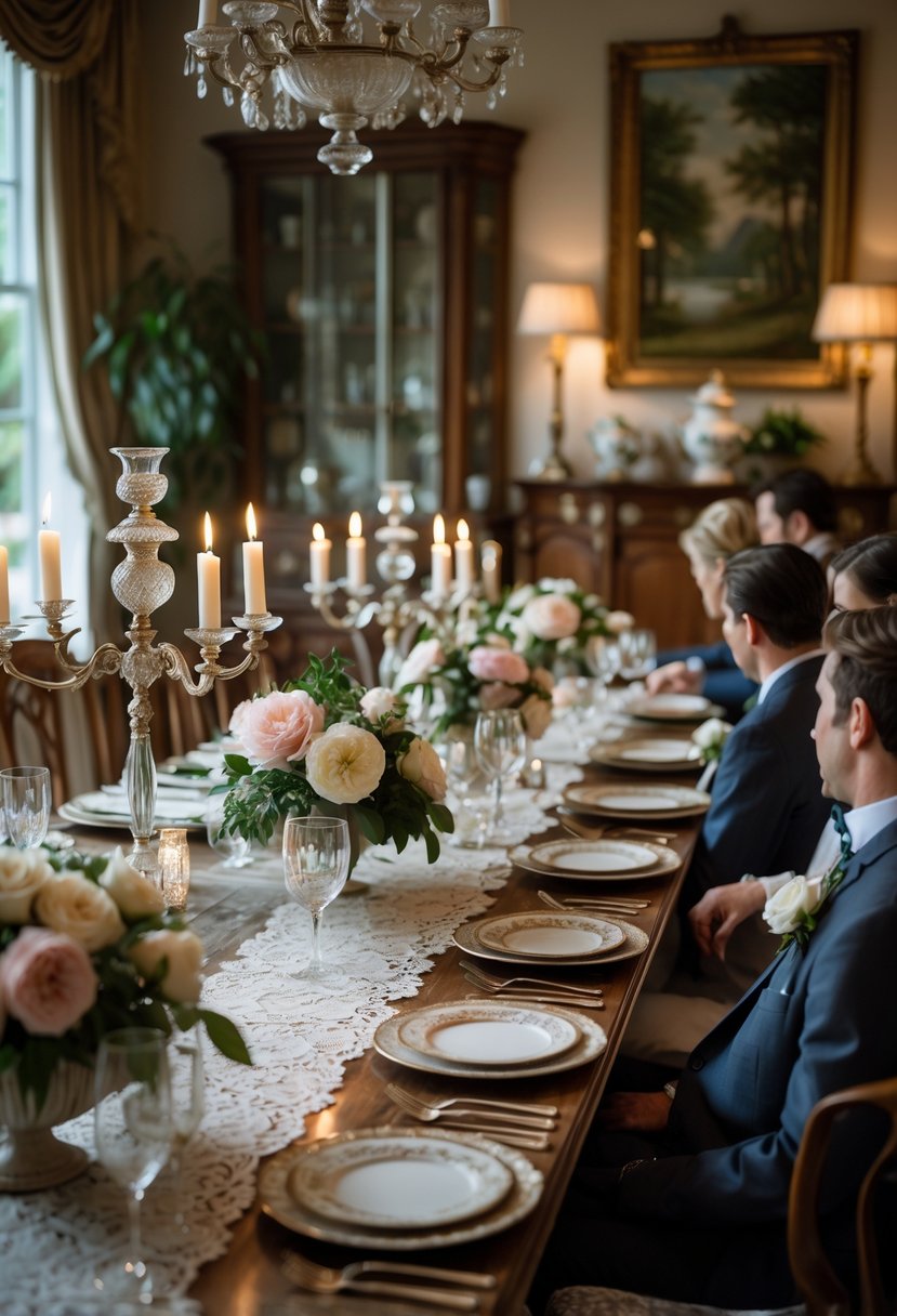 A dining table set for a dinner party with antique decorations, candles, floral centerpieces, and guests seated around the table in an elegant room.