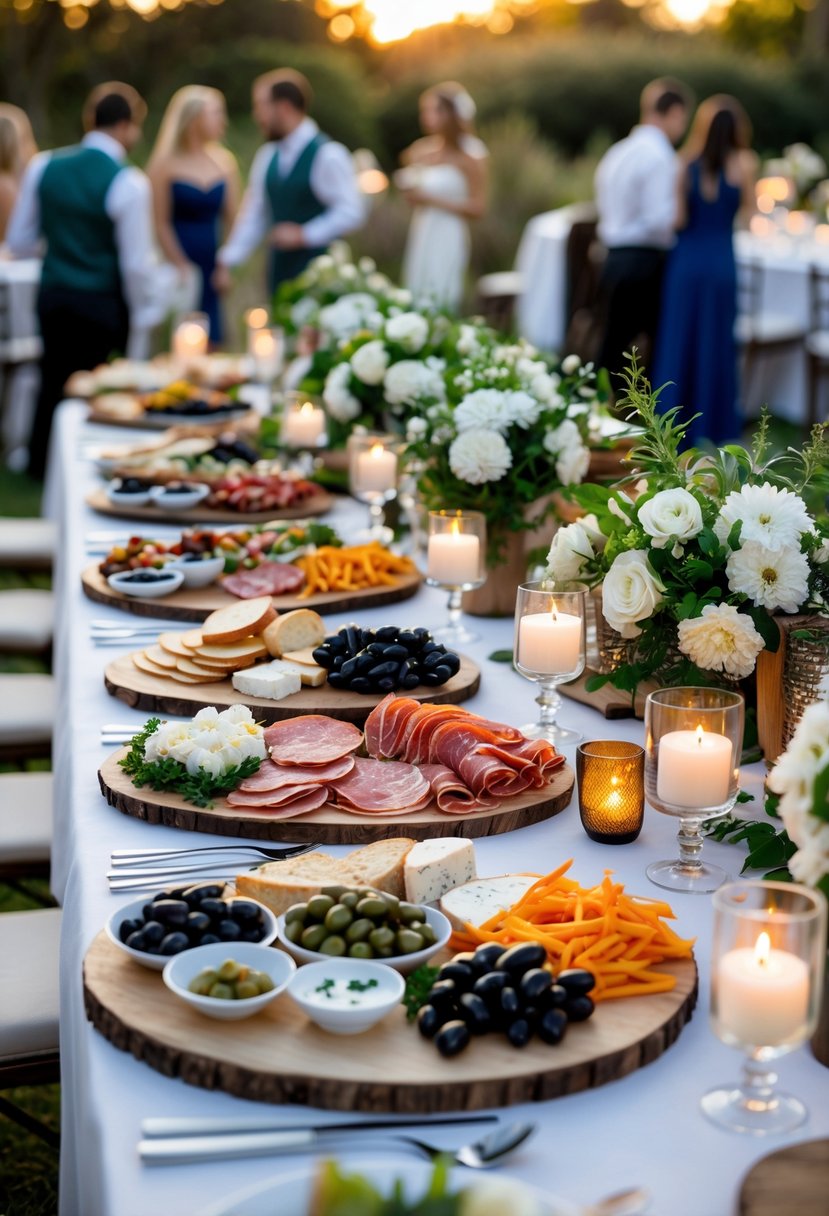 An outdoor dinner table with Mediterranean tapas dishes and floral decorations, with guests mingling in the background.